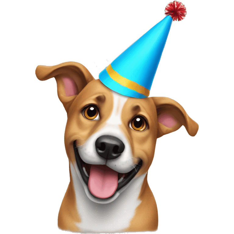 Dog looking cheerful with a party hat emoji