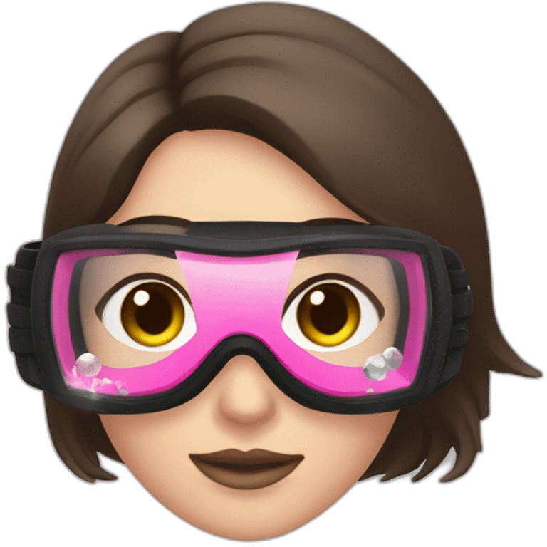 woman with brown eyes, large and straight brown hair, pink diving mask with a single crystal. underwater black suit emoji