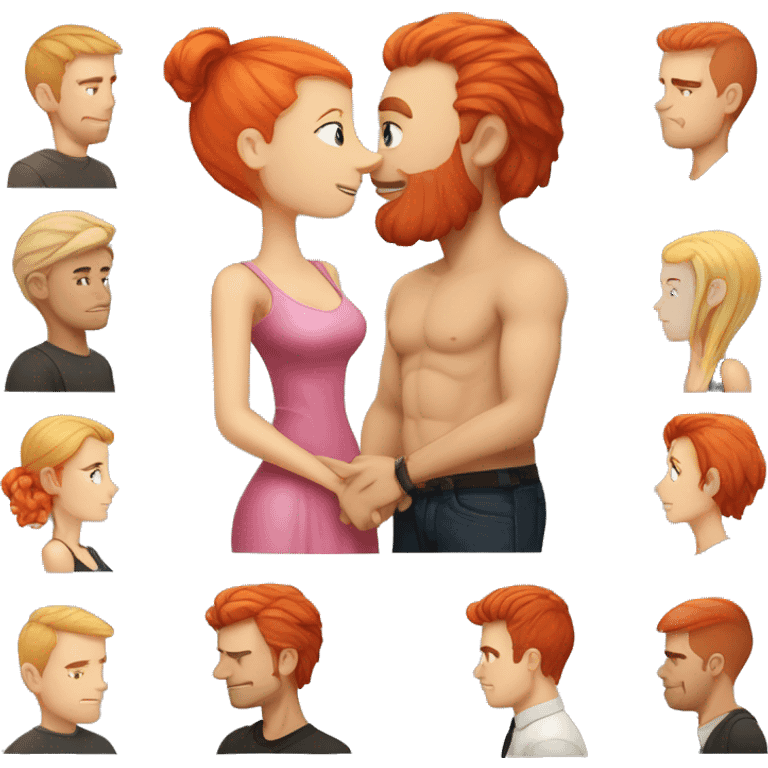 Tall man with short edgy bright red hair, no beard kissing a woman with long blonde hair, both with fair skin, the man has tattoo's  emoji