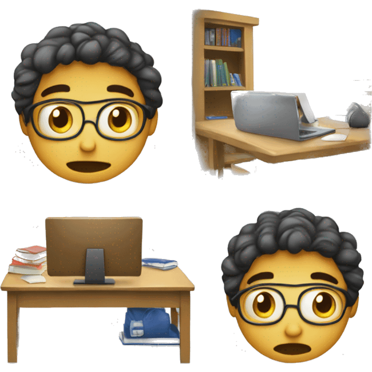 University student, Study hard, lots of assignment deadline, tired, study at Night, using computer, look anxiety emoji