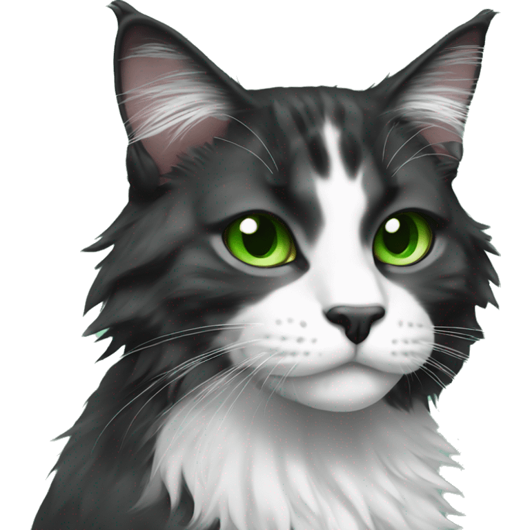 Black and white sad maincoon cat green eyes emoji