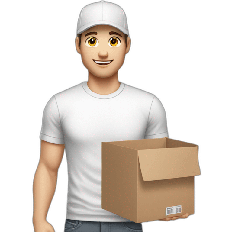 Pale skinned fit Man with dark brown hair in a white cap, gray jeans and gray polo T-shirt keeping a pasted box into his hands emoji