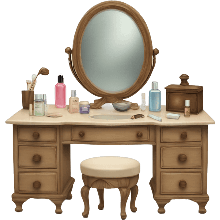 Antique vanity with mirror and skincare products laid out  emoji