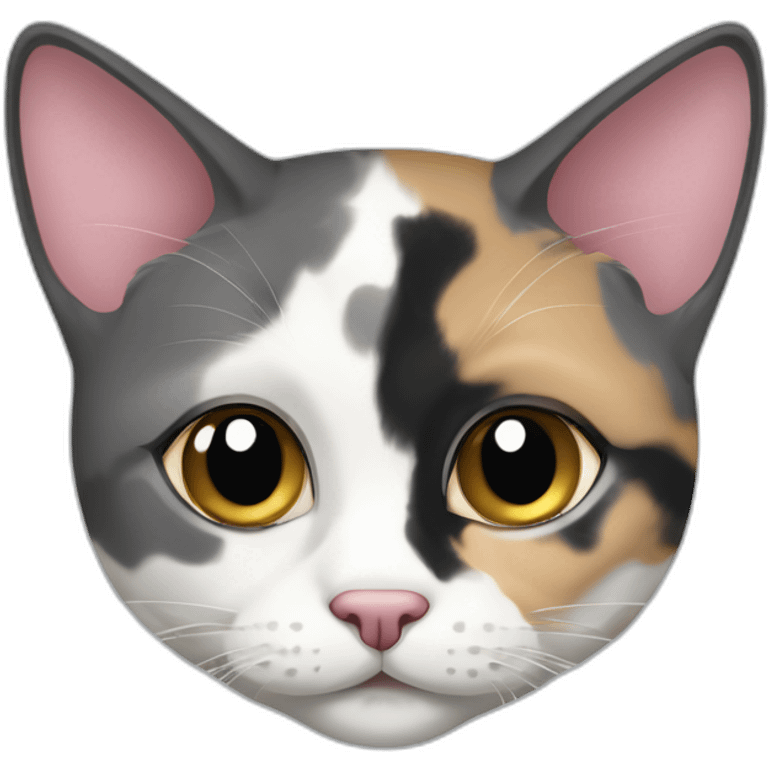 senior round diluted calico cat, white chin, black and pink nose, grey ears, grey and white emoji