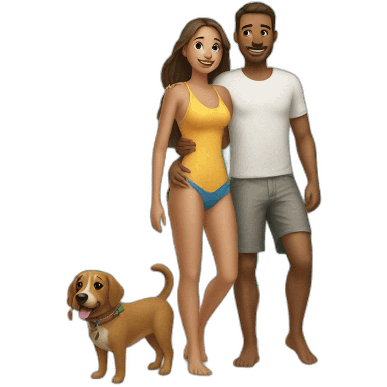 a couple with a dog at a beach emoji