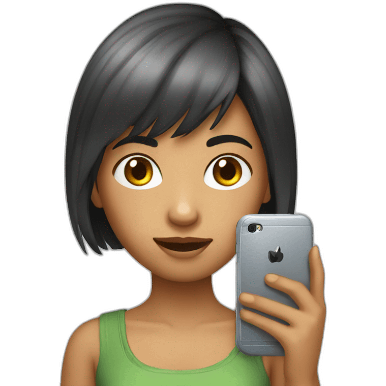 strigth short hair withe skin teenager girl playing with a cellphone emoji