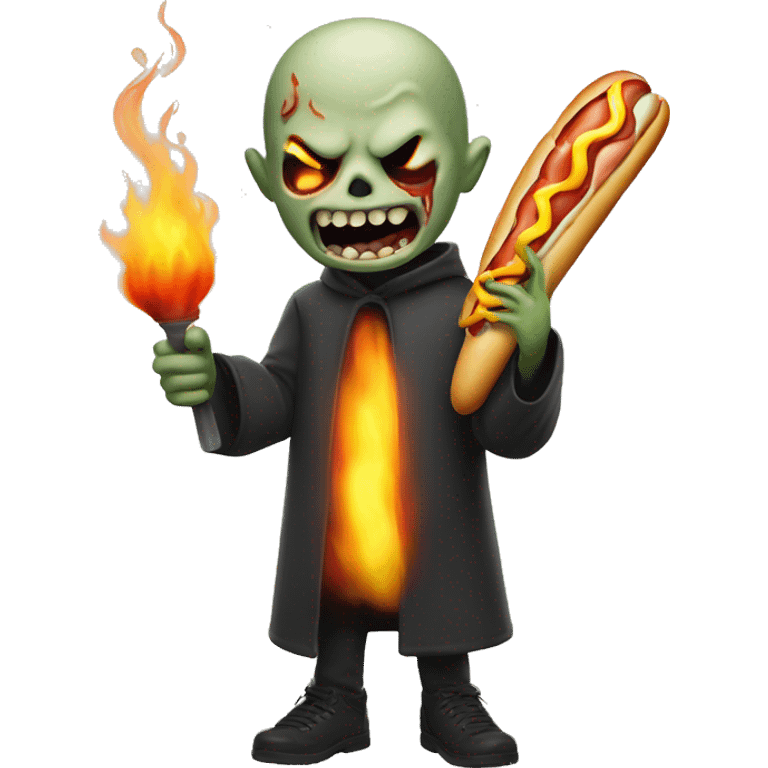 a ghoul with a flaming torch eating a hot dog  emoji