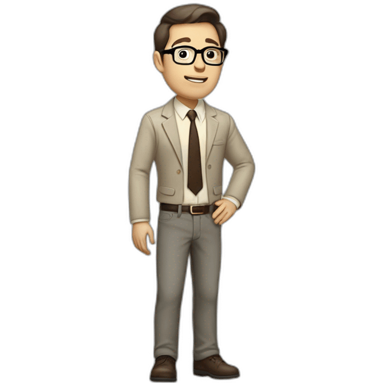 Full height Gesticulating Pale skinned fit man with dark brown hair in gray jacket, beige office shirt, brown tie, brown pants and vintage glasses. emoji