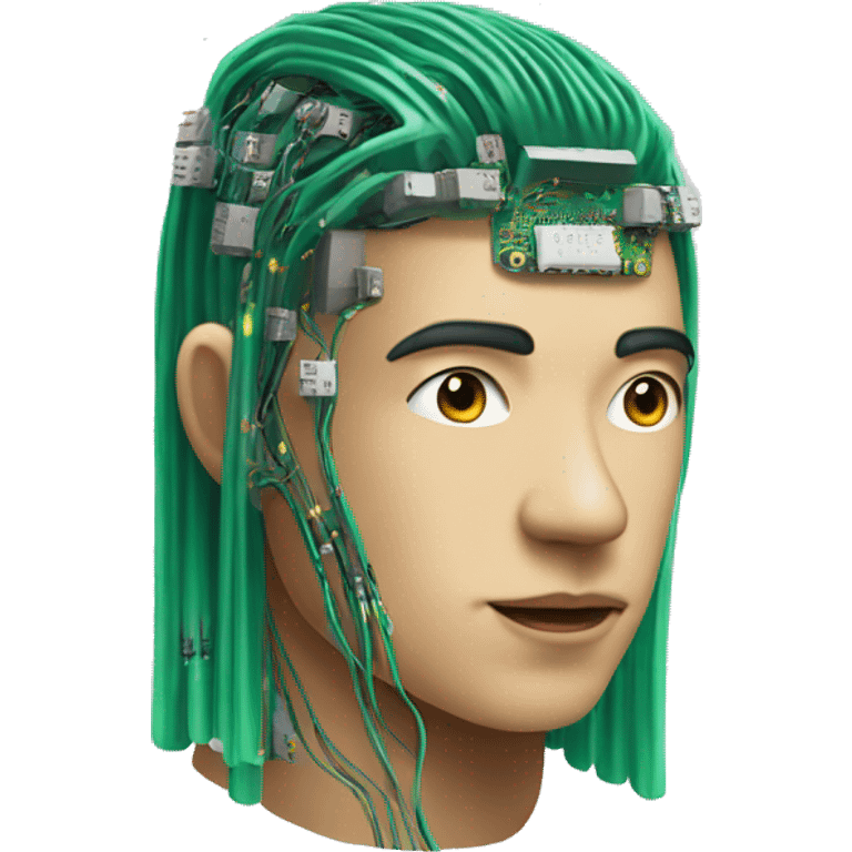 Head of Asian male cyborg with long green hair and circuits emoji