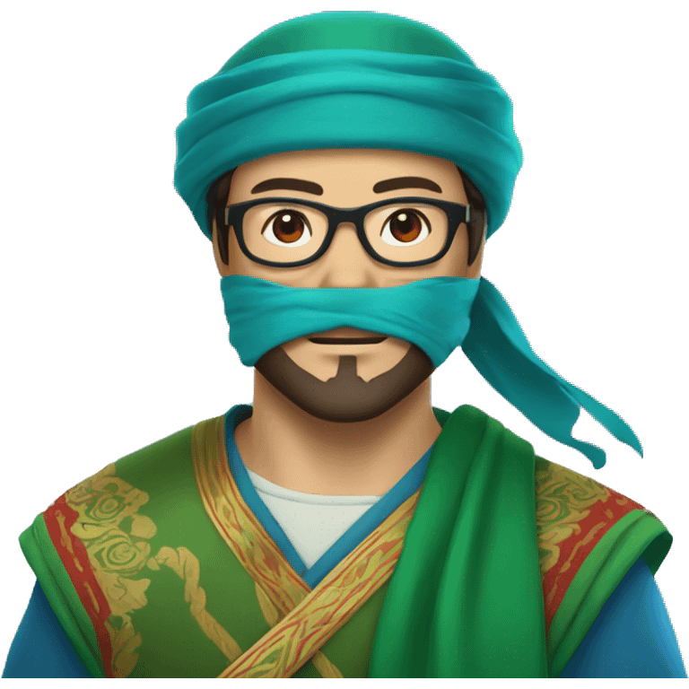 a kazakh man in a green bandana, red blue light blocking glasses, a minor beard and a visible sword carried on his back emoji