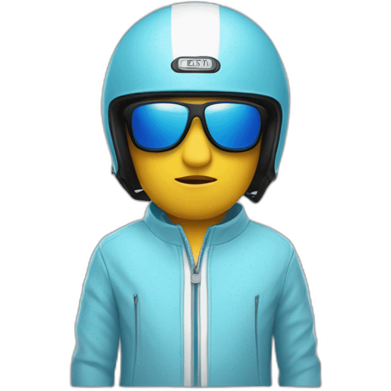 Rider with helmet and sunglasses wearing light blue and white jacket standing with attitude emoji