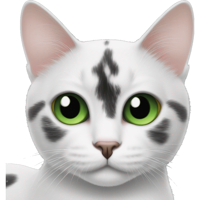 Black and white cat, black dots on both ears and only one eye with green eyes emoji