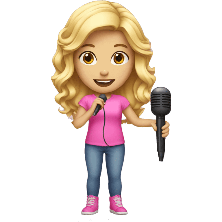 blonde girl wearing pink with a microphone emoji