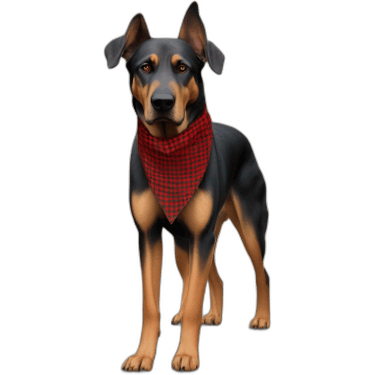 adult 75% Coonhound 25% German Shepherd mix dog with visible tail wearing small pointed red buffalo plaid bandana full body walking left quickly emoji