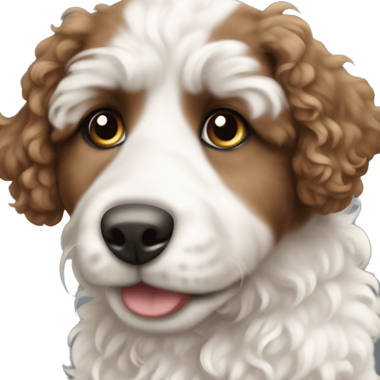 A curly hair doodle puppy with both brown and white face but a white body emoji