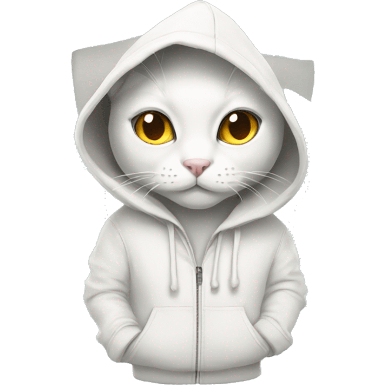 A white cat wearing a hoodie emoji