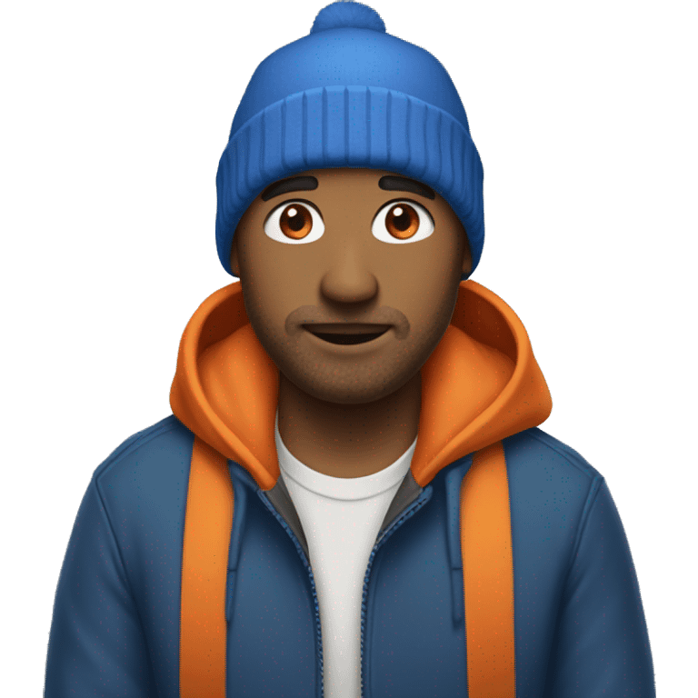 a man with a blue jacket and an orange beanie emoji