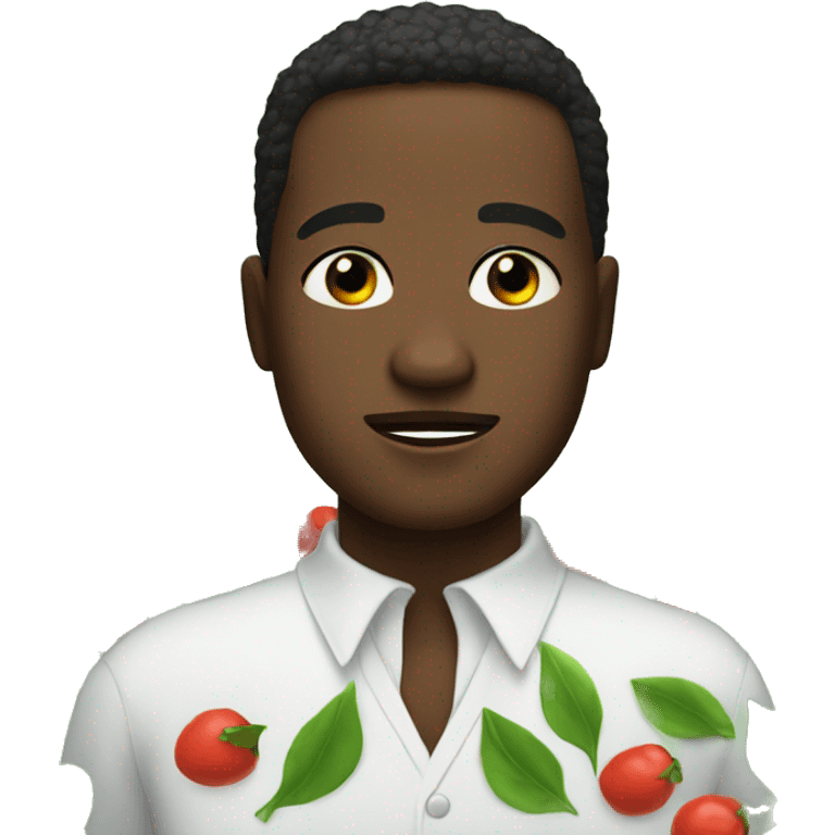 a black man with allergy red eyes and green leaves around him emoji