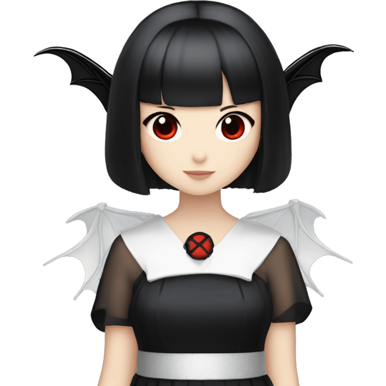 short-black-haired-red- eyed-Japanese-idol-girl with bat wings and a goth dress on emoji