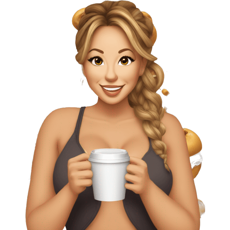 Mariah carey full bodd y messy bun drinking a coffee,e, emoji