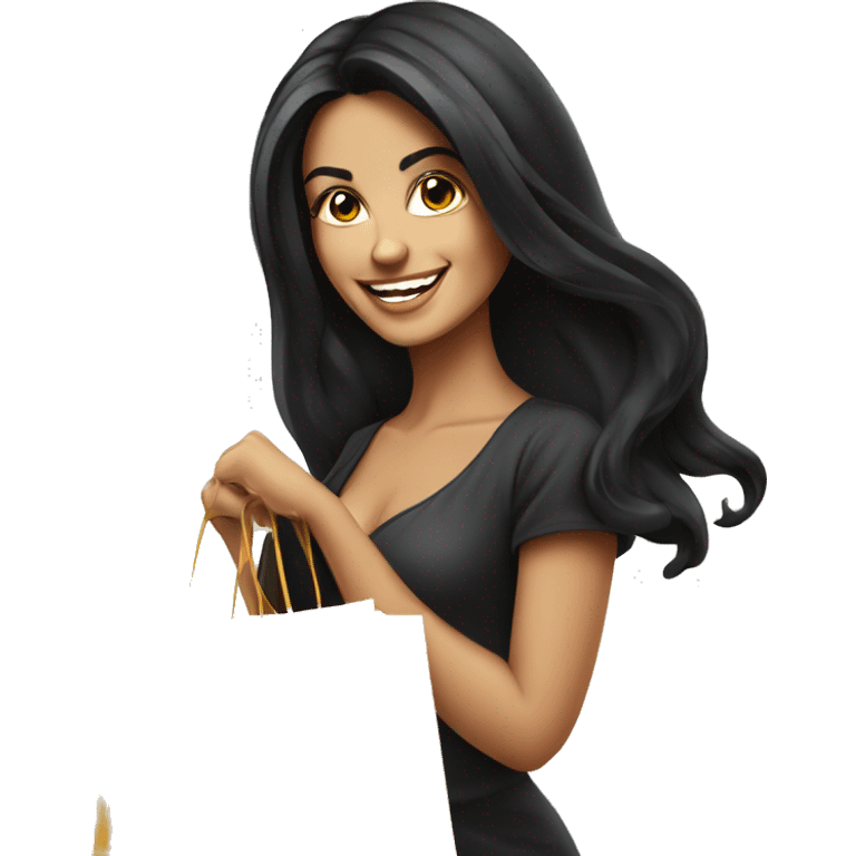 Tanned beautiful italian woman with long black hair smiling and holding bags shopping, glamorous realism emoji