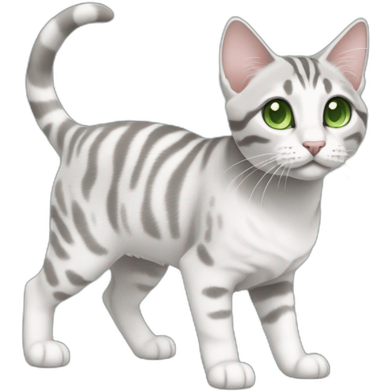 cute light white and grey domestic shorthair tabby with green and blue eyes black pupils, walking and playing emoji