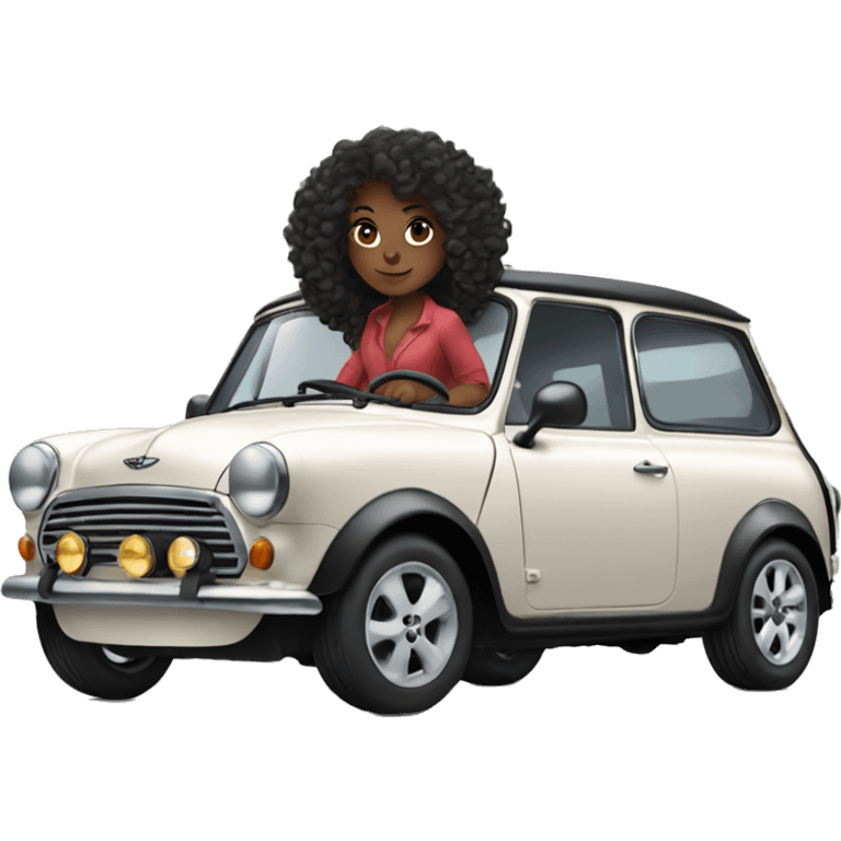 Long curly hair black girl driving Mini Cooper emoji