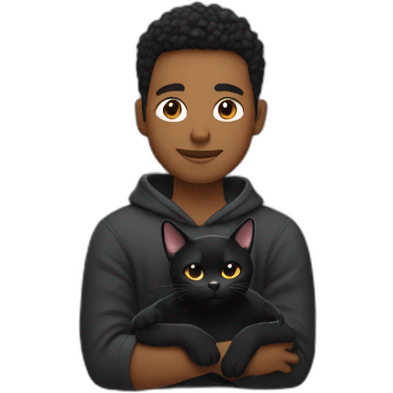 man in tracksuit cradling black cat like a baby emoji