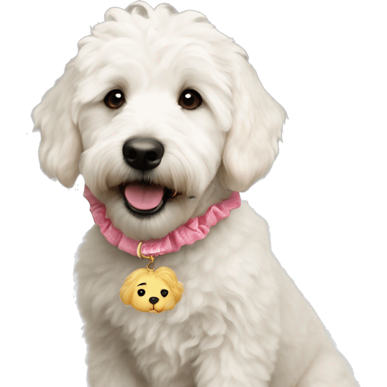 White mini golden doodle with scrunchie in mouth emoji