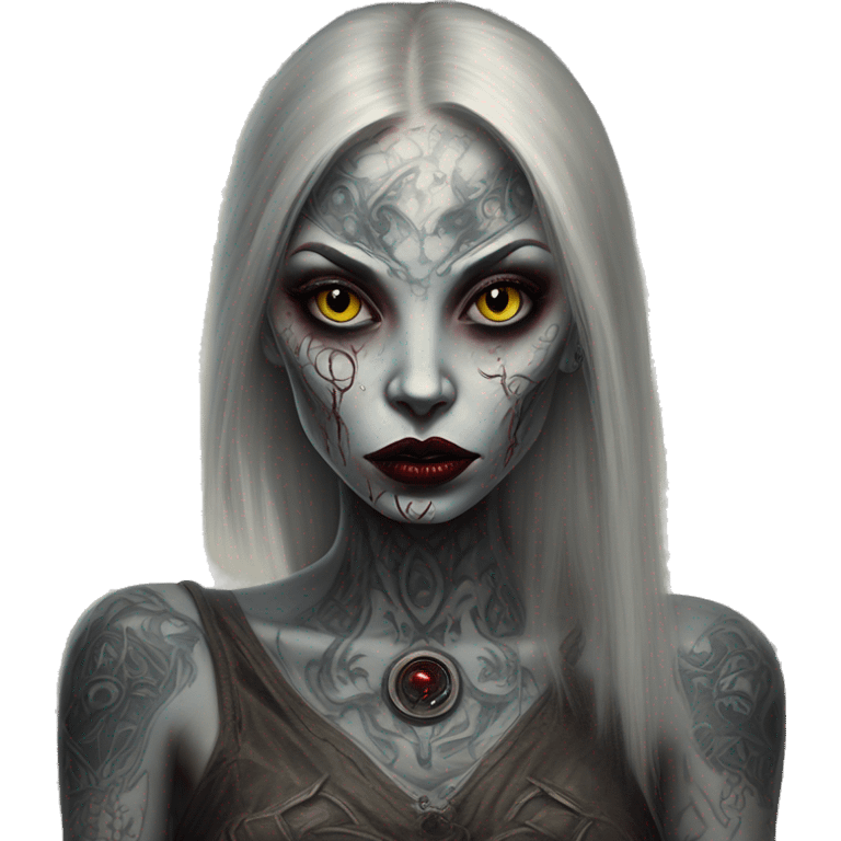 Tattooed alien in Vampire Survivors style, oil paint, mysterious eyes, intricate lips, masterpiece portrait, beautiful, desirable, logical emoji