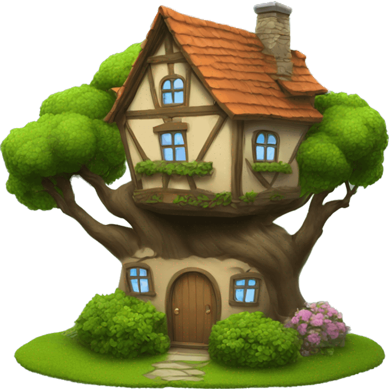 a fantasy house with a tree and bush  emoji