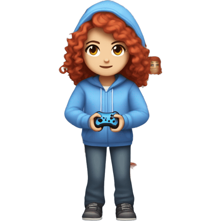 a white girl with long red curly hair, wearing periwinkle Minecraft hoodie holding a controller emoji