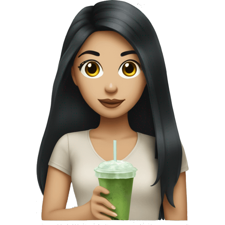 Girl with black hair and an iced matcha latte emoji