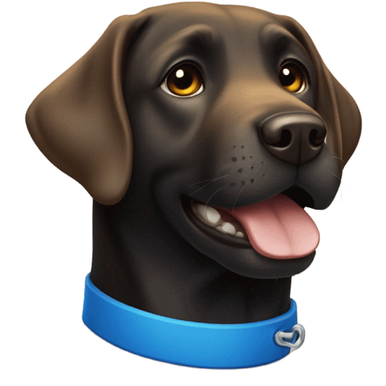 Black Labrador with a blue collar with his teeth put emoji