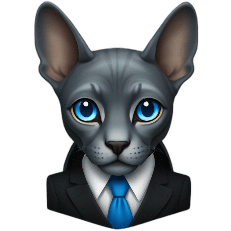 dark grey sphinx with bright blue eyes wearing black suit, portrait emoji