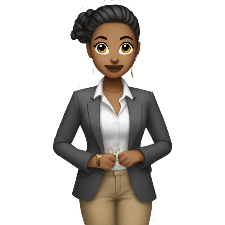 Light brown girl with black low bun, gold bracelet, gold rings, gold nose ring, gold rings, with a gray shirt, a blazer, plaid pants, and white sneakers, and dark brown eyes  emoji