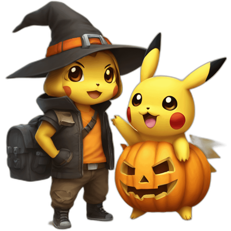 Pikachu and eevee holding halloween pumpkin emoji