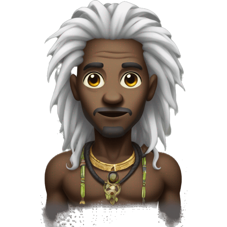 A modern witchdoctor, An African male with pointed ears with long black curly hair emoji