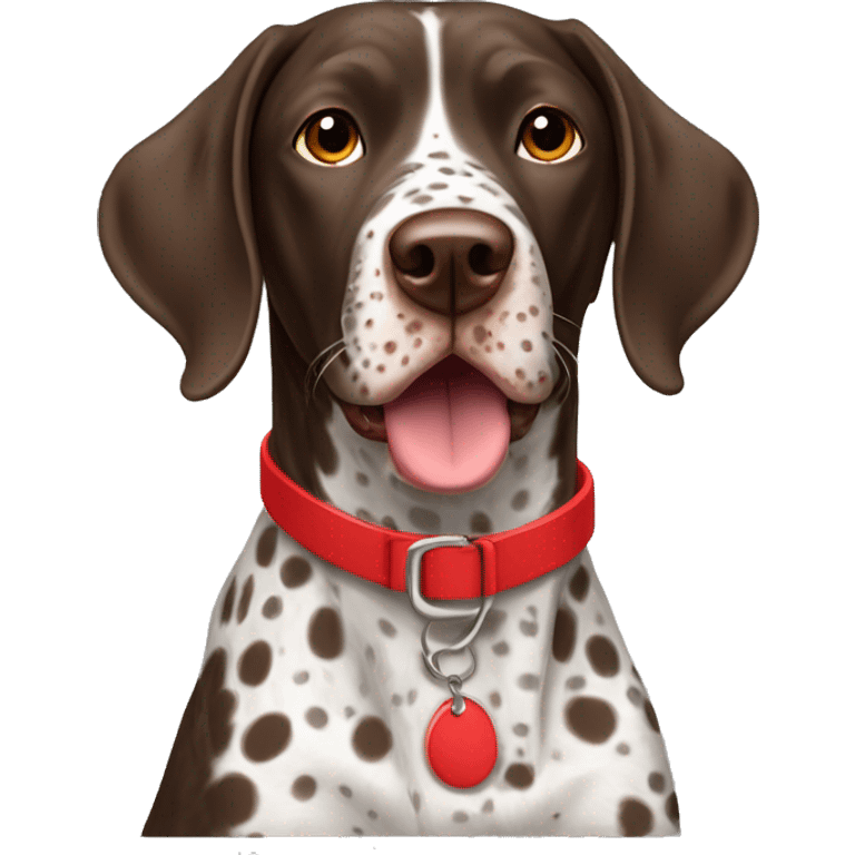 Brown spotted German short haired pointer  with ticking with red collar  emoji