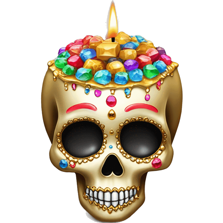 Realistic sugar skull decorated with colorful rhinestones with metallic gold candle on top of its head dripping down melted metallic gold wax down the skull emoji