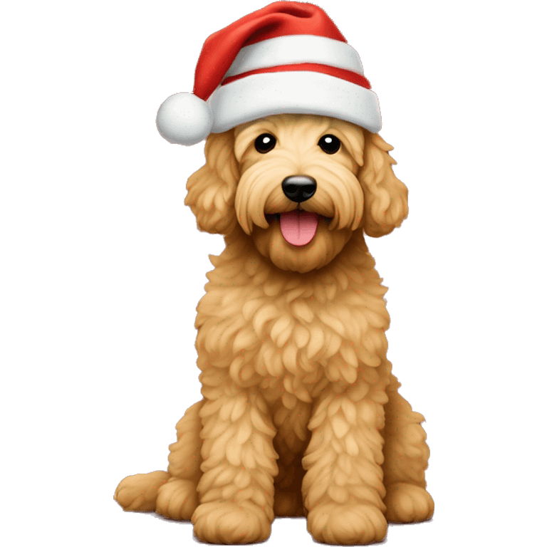 a golden doodle with a beige christmas hat on and mini uggs on his feet emoji