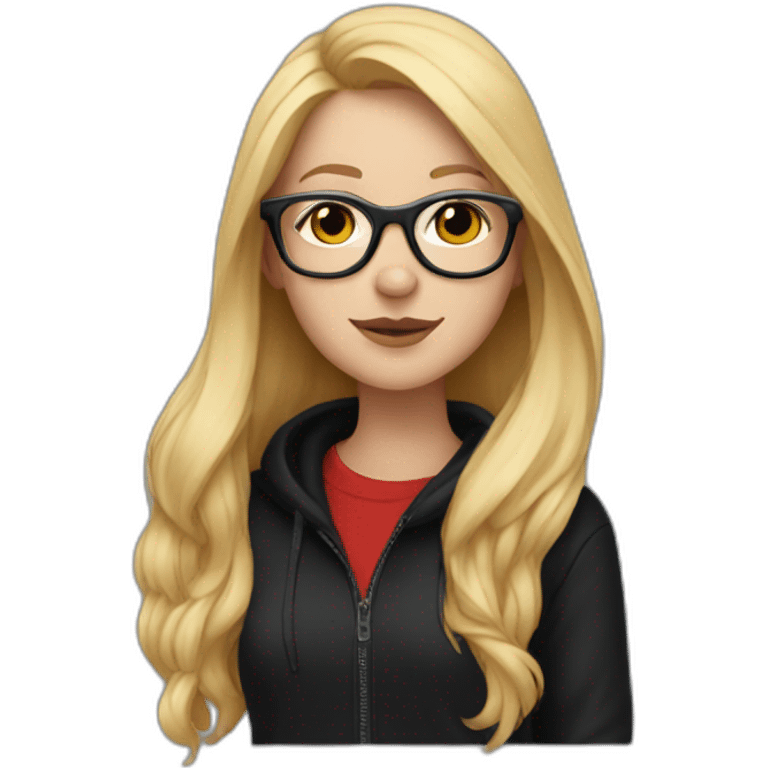 white girl with glasses and long blonde hair and black hoodie and a red doberman emoji