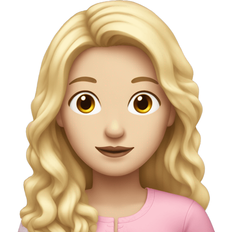 woman with blonde long hair, pale skin, brown eyes and wearing pink  emoji