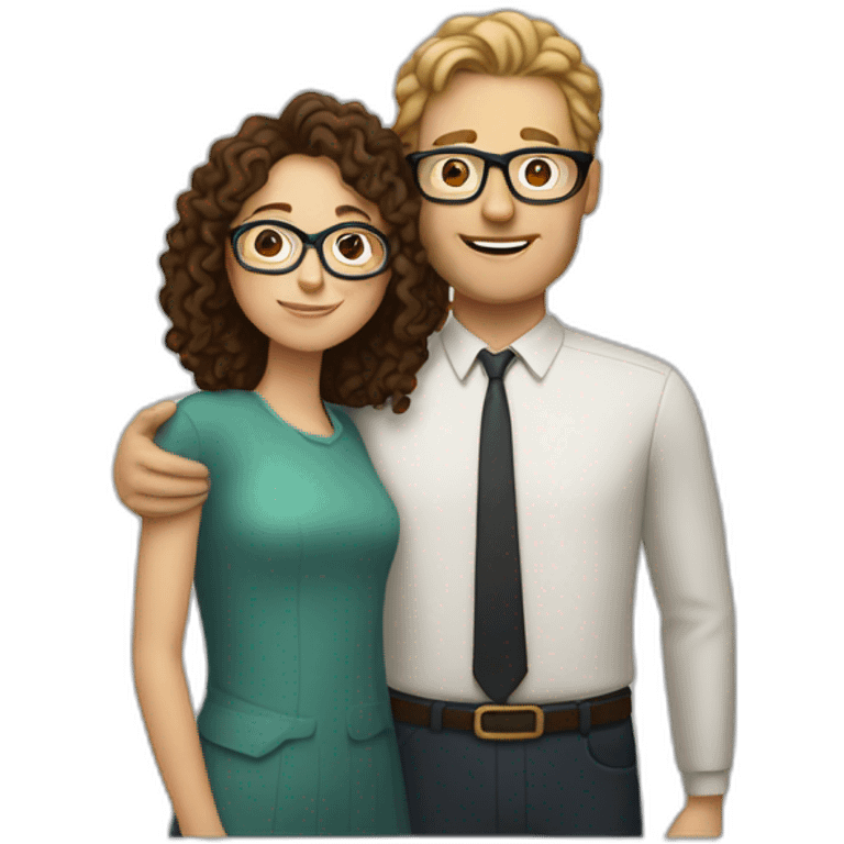 tall white man with curly dark hair hugging white woman with glasses and straight brown hair emoji