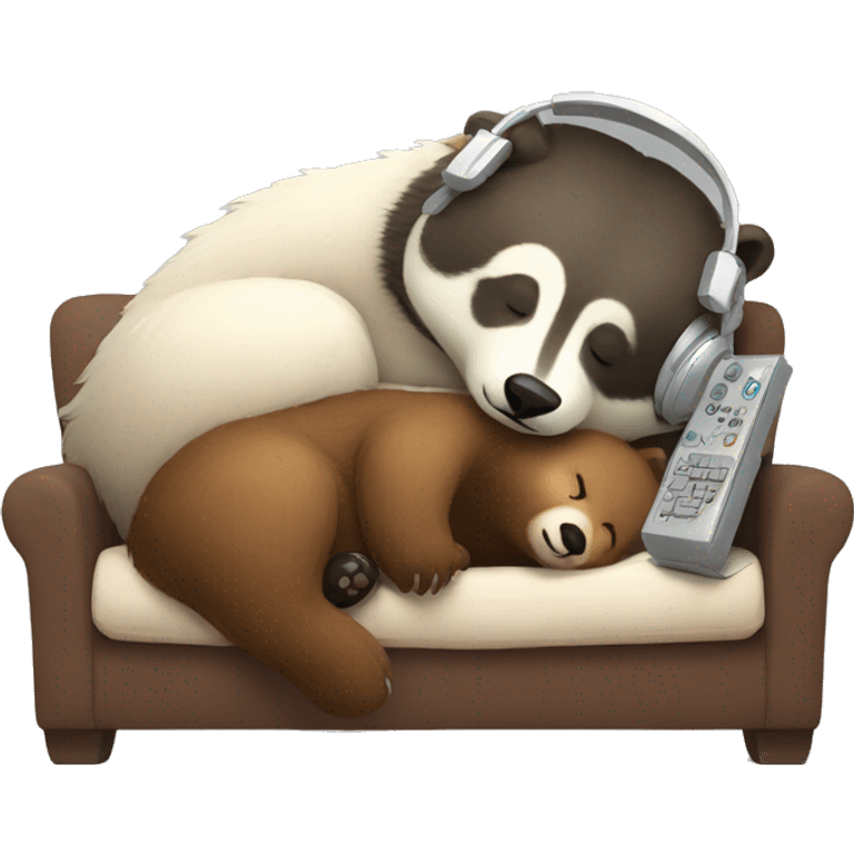 Badger sleeping next to bear wearing a headset playing video games emoji