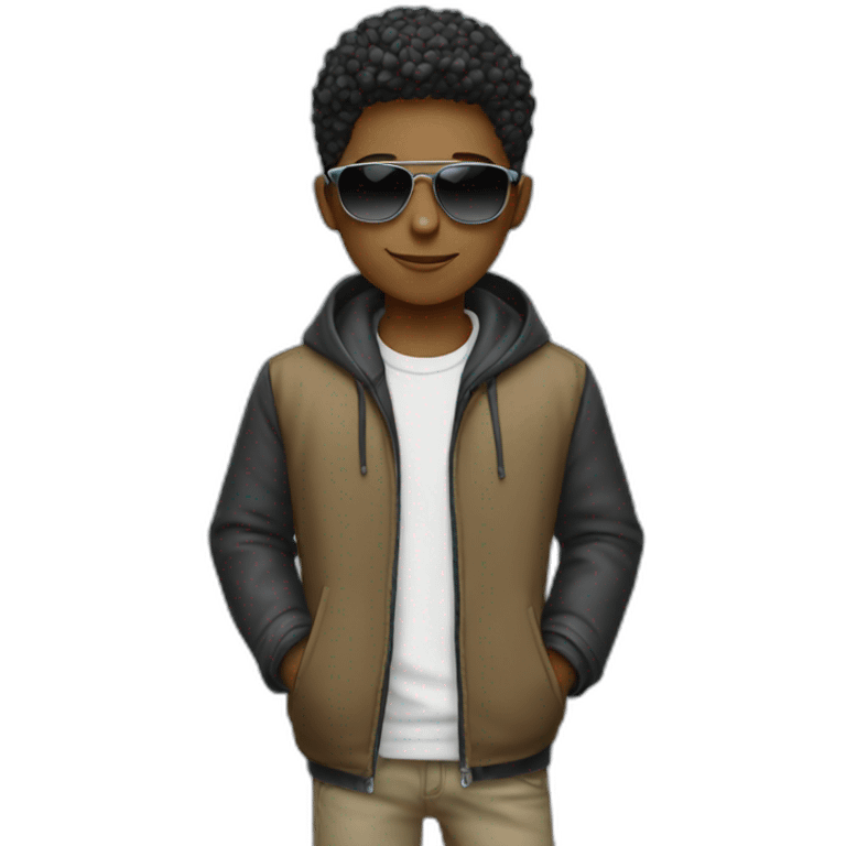 A boy with laptop,wear a jacket and have sunglasses emoji