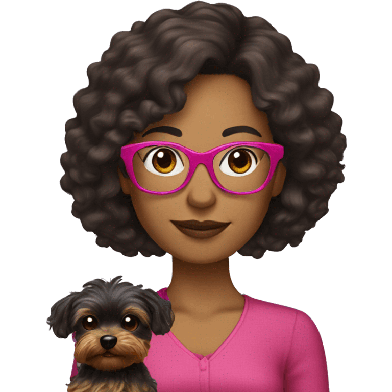 40 years old woman with dark brown long hair ,slidly curly wearing glasses with a dark pink frames  holding a yorkie dog emoji