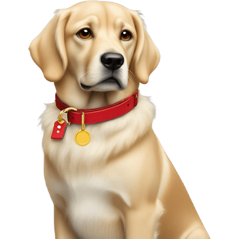 Put a Red leather dog collar and golden tag on a blond white human female with medium length hair and add a red leash connected to the collar emoji