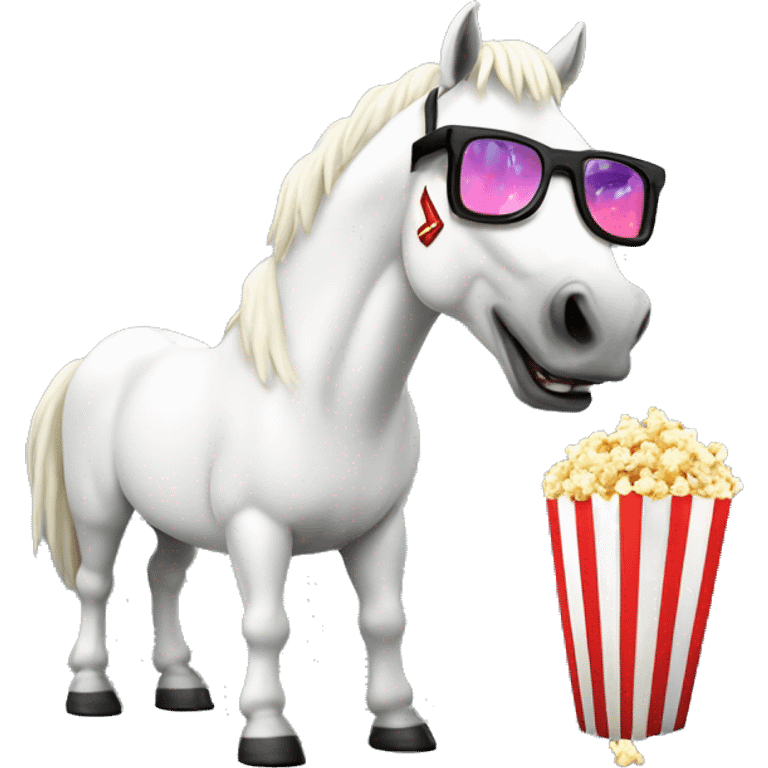 white horse watches a movie in 3D glasses and eats popcorn with "Ritz Films" inscription emoji