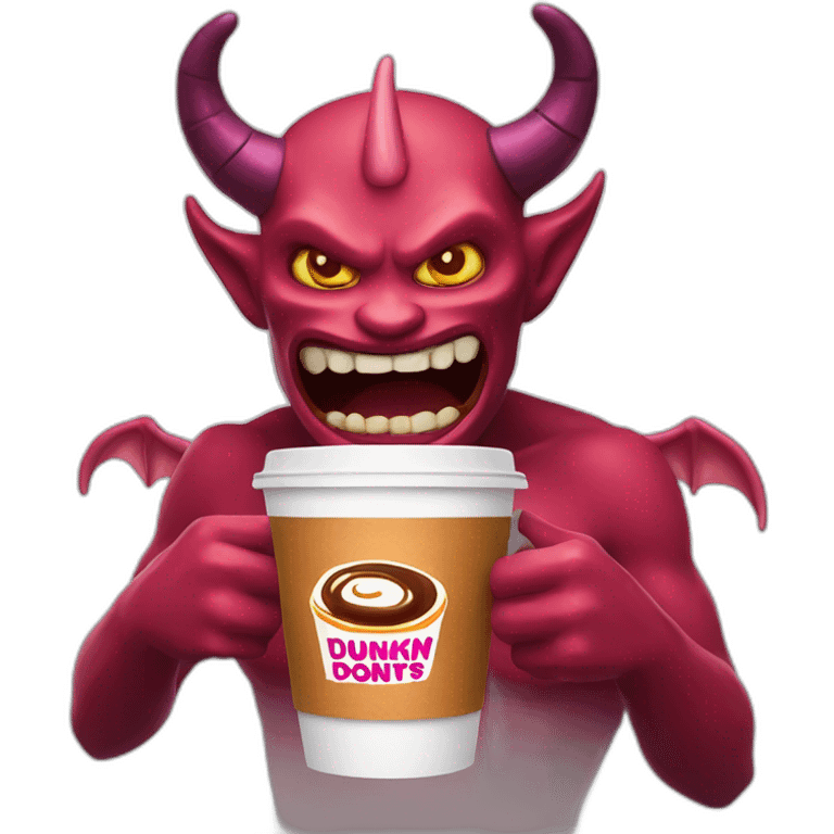 a demon holding a dunkin donuts coffee cup emoji